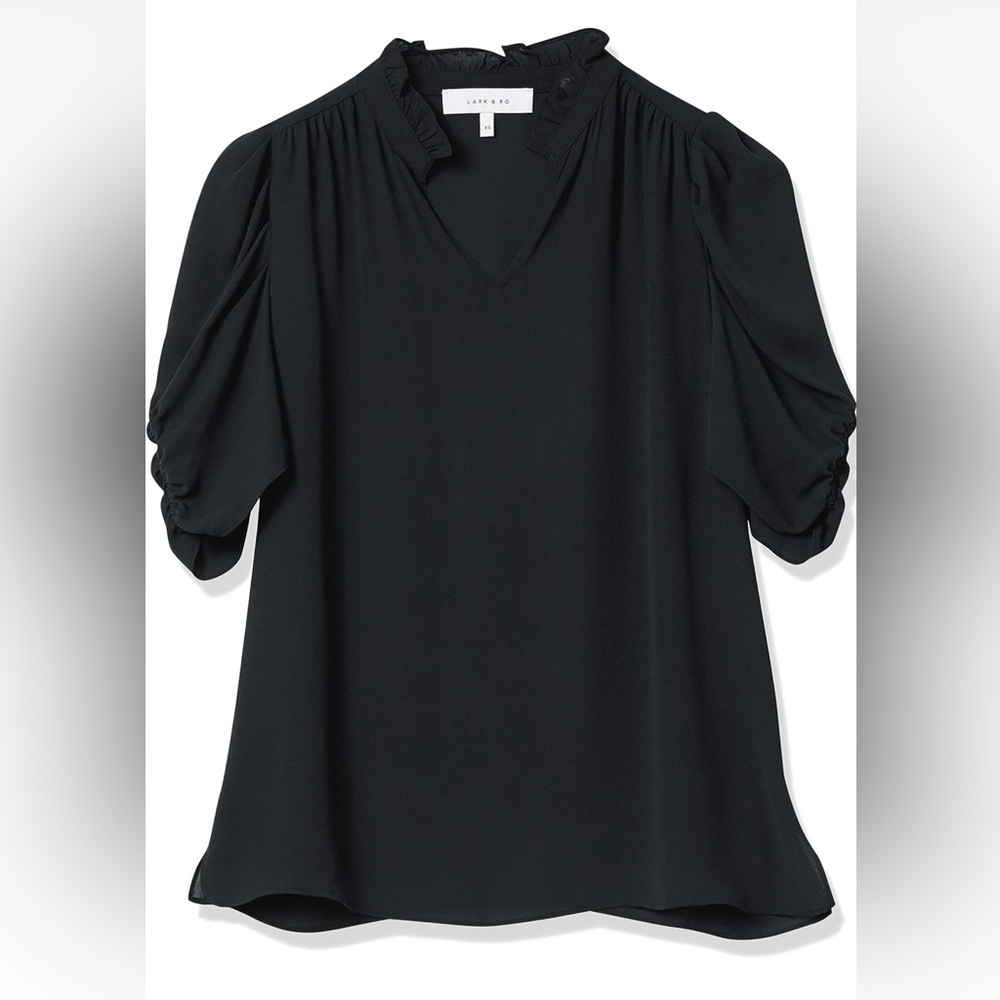 Lark & Ro Women's Georgette Half Sleeve Ruffle Neck Woven Blouse Black Size M - Picture 6 of 9